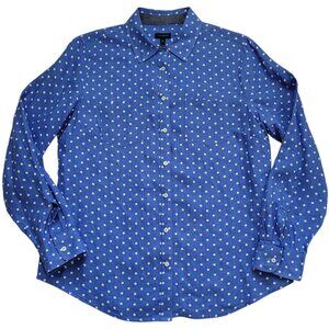 Talbots 100% Linen Blue/White Polka Dots Button Up Shirt Size Medium